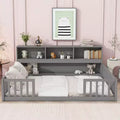 MAYEERTY Full Size Floor Bed with Bedside Bookcase Guardrails with Opening Pine Wood Conposite Boards Bed Frame