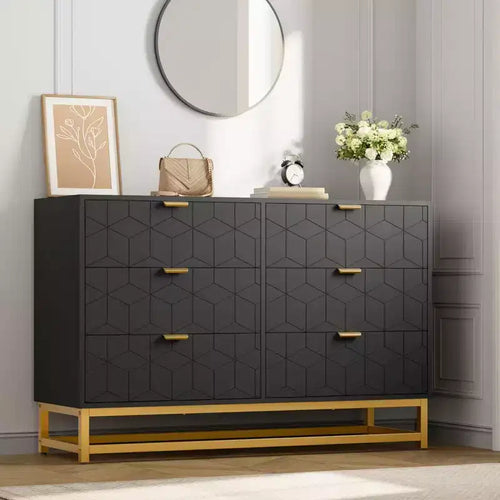 Black 6 Drawer Double Dresser,Modern Dresser for Bedroom with Gold Handles,Long Storage Organizer for Closet & TV Stand