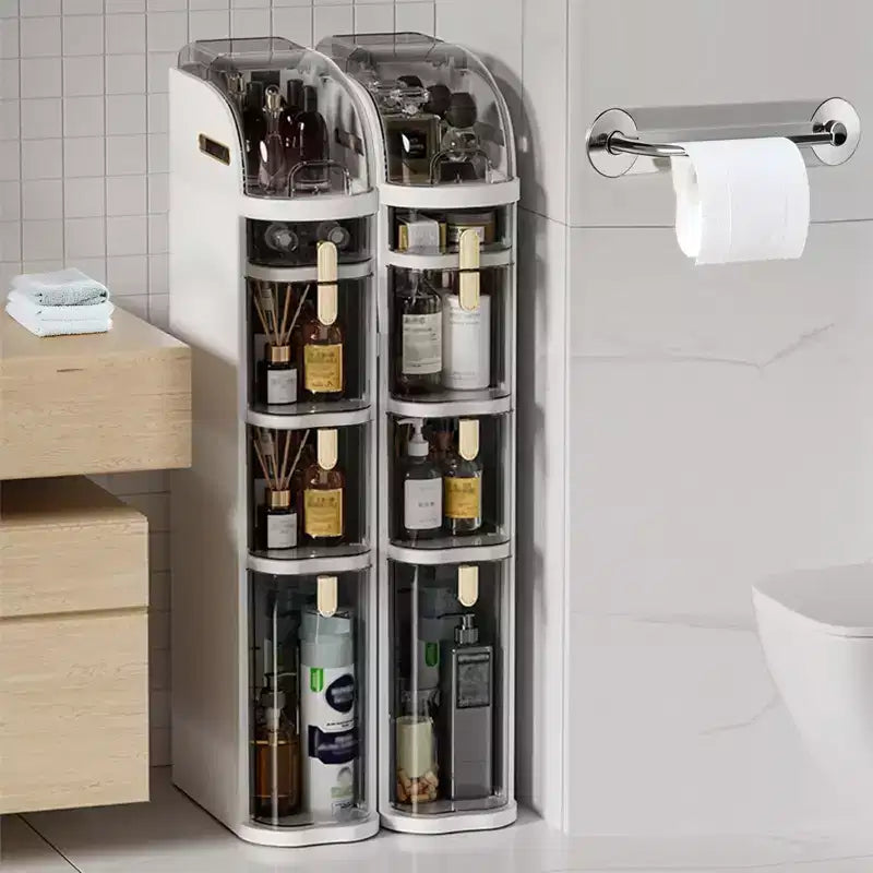 Plastic storage drawers, multi-tiered drawer style, space-saving, ideal for kitchen and bathroom organization boxes.