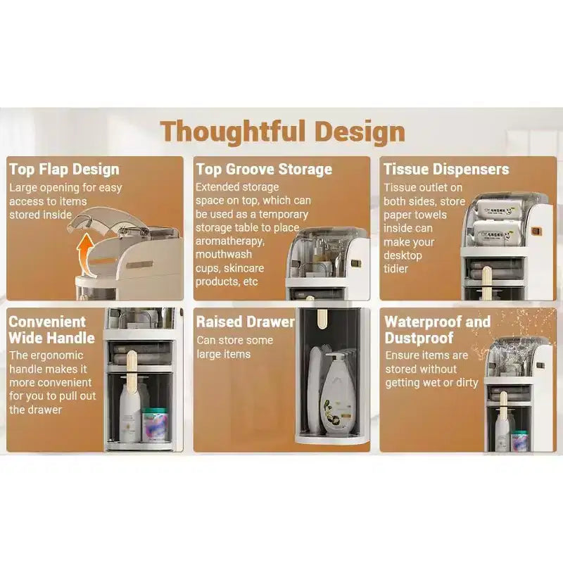 Plastic storage drawers, multi-tiered drawer style, space-saving, ideal for kitchen and bathroom organization boxes.