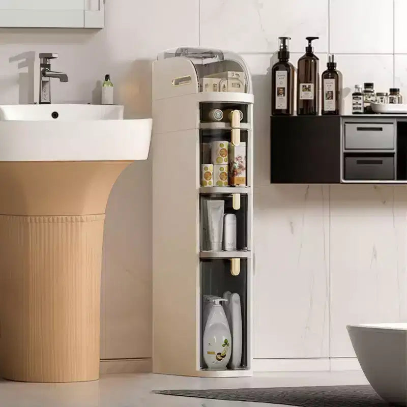 Plastic storage drawers, multi-tiered drawer style, space-saving, ideal for kitchen and bathroom organization boxes.