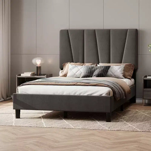 Bed Frame with Adjustable Headboard, Platform Bed Frame with Linen Upholstered, Wooden Slats Support, Noise Free, No Box Spring Needed