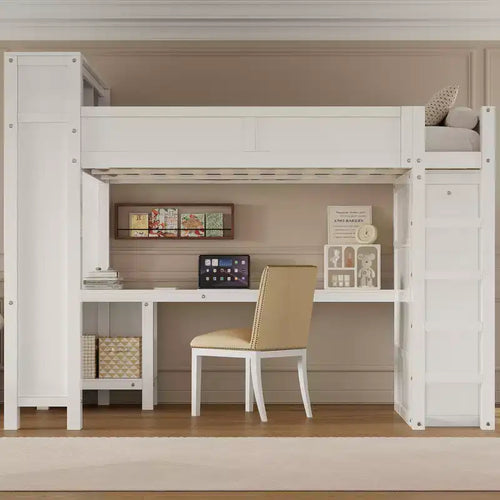 Queen Size Loft Bed with Wardrobe, Desk & USB Headboard Storage, Space-Saving Loft Bed - ModernLuxe