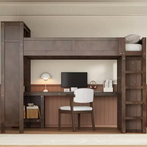 Queen Size Loft Bed with Wardrobe, Desk & USB Headboard Storage, Space-Saving Loft Bed - ModernLuxe