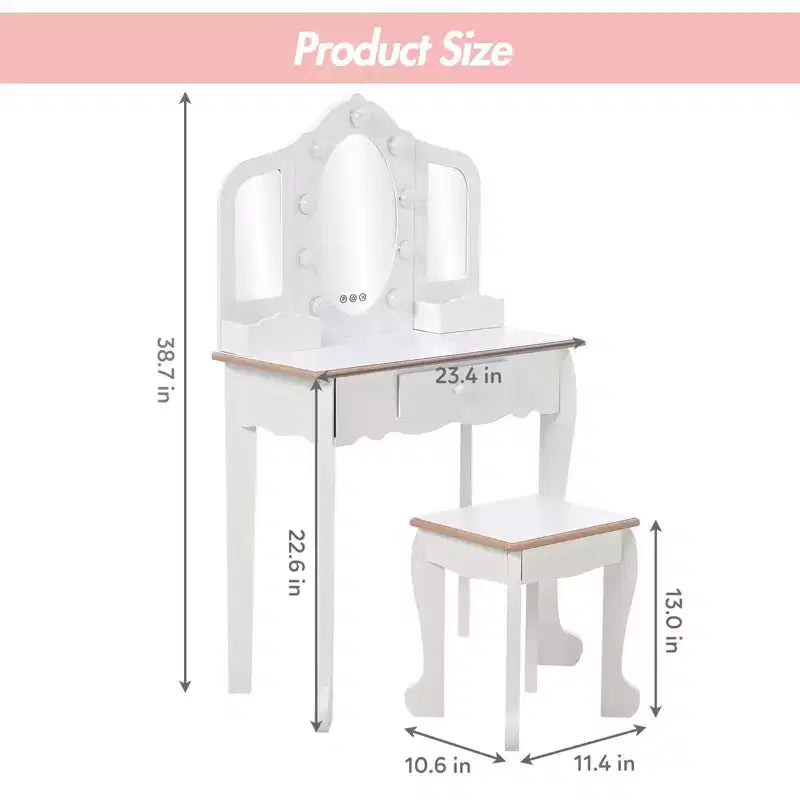 Girls Vanity Table & Stool Set with Lights, 3 Mirrors & Wooden Makeup Playset - Dressing Table for Kids Ages 3-9