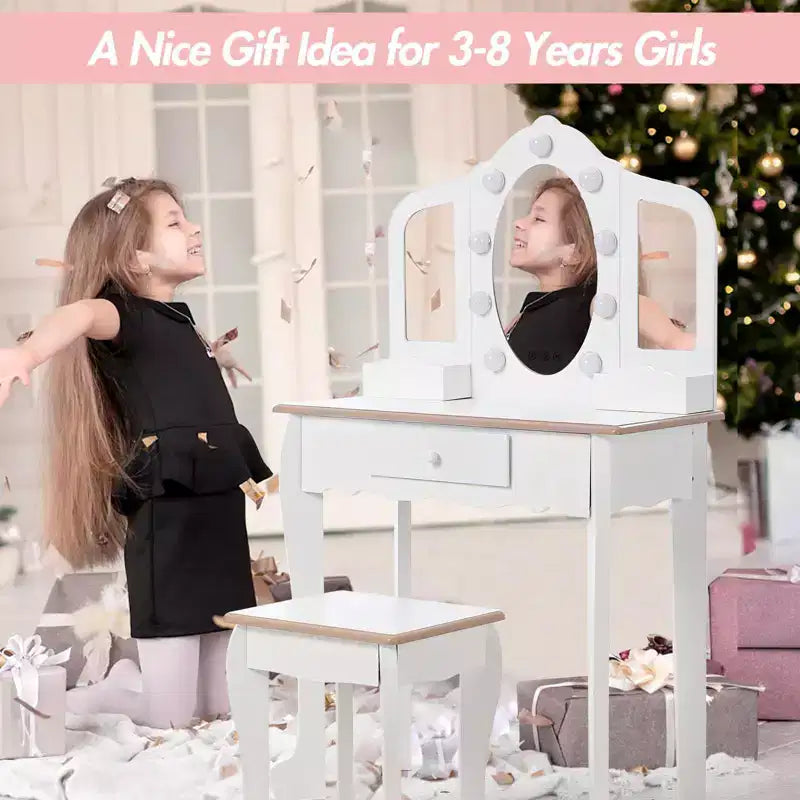 Girls Vanity Table & Stool Set with Lights, 3 Mirrors & Wooden Makeup Playset - Dressing Table for Kids Ages 3-9