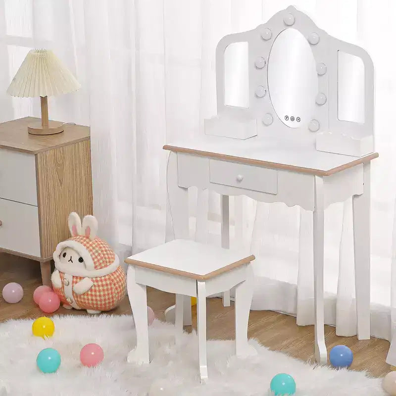 Girls Vanity Table & Stool Set with Lights, 3 Mirrors & Wooden Makeup Playset - Dressing Table for Kids Ages 3-9