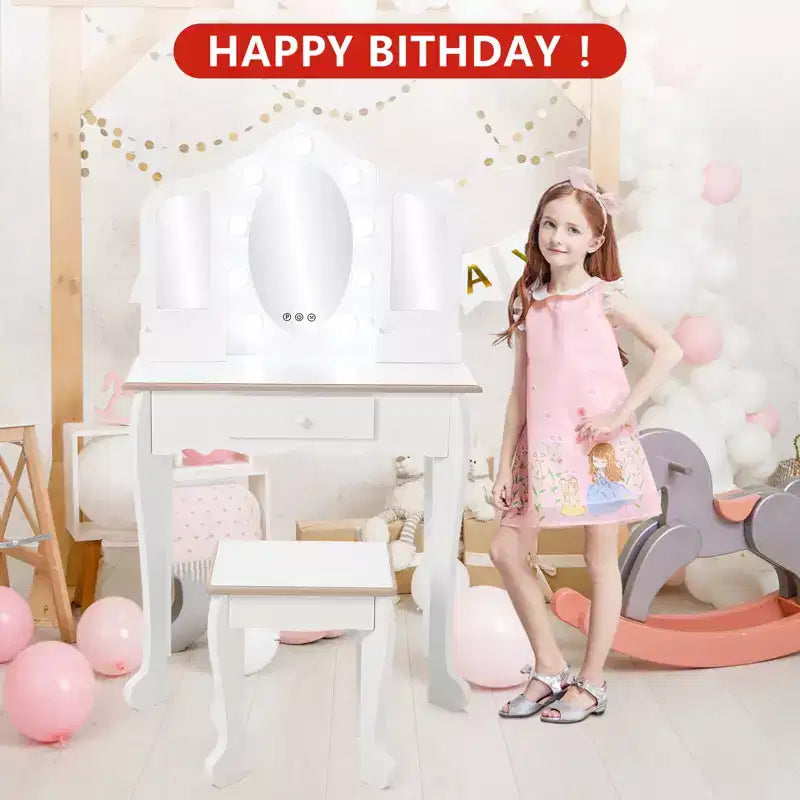 Girls Vanity Table & Stool Set with Lights, 3 Mirrors & Wooden Makeup Playset - Dressing Table for Kids Ages 3-9