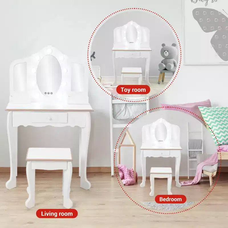 Girls Vanity Table & Stool Set with Lights, 3 Mirrors & Wooden Makeup Playset - Dressing Table for Kids Ages 3-9