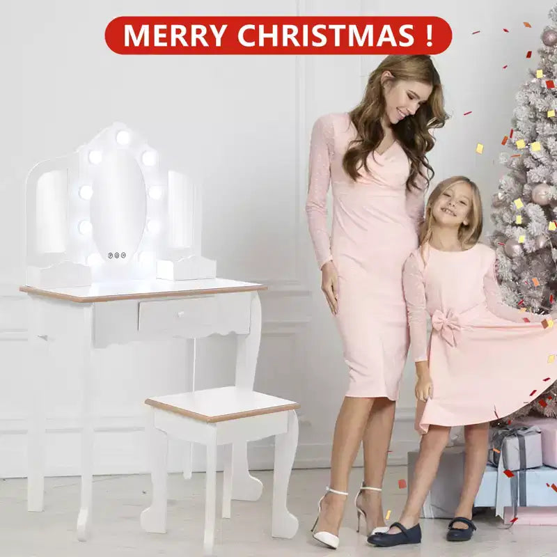 Girls Vanity Table & Stool Set with Lights, 3 Mirrors & Wooden Makeup Playset - Dressing Table for Kids Ages 3-9