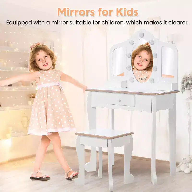 Girls Vanity Table & Stool Set with Lights, 3 Mirrors & Wooden Makeup Playset - Dressing Table for Kids Ages 3-9