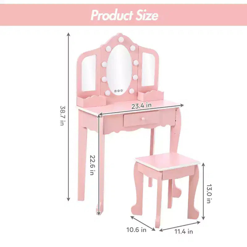 Girls Vanity Table & Stool Set with Lights, 3 Mirrors & Wooden Makeup Playset - Dressing Table for Kids Ages 3-9