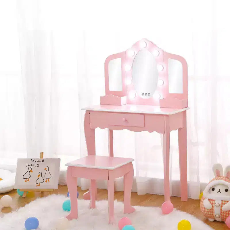 Girls Vanity Table & Stool Set with Lights, 3 Mirrors & Wooden Makeup Playset - Dressing Table for Kids Ages 3-9