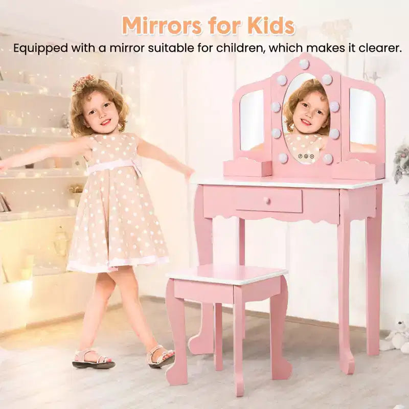Girls Vanity Table & Stool Set with Lights, 3 Mirrors & Wooden Makeup Playset - Dressing Table for Kids Ages 3-9