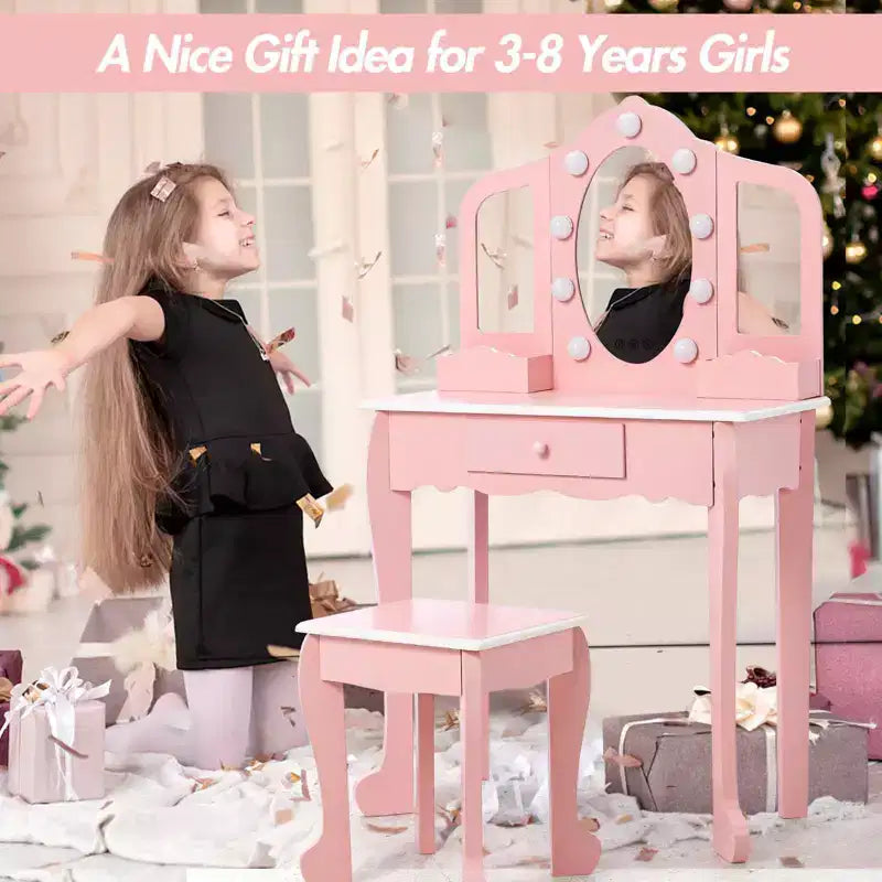 Girls Vanity Table & Stool Set with Lights, 3 Mirrors & Wooden Makeup Playset - Dressing Table for Kids Ages 3-9