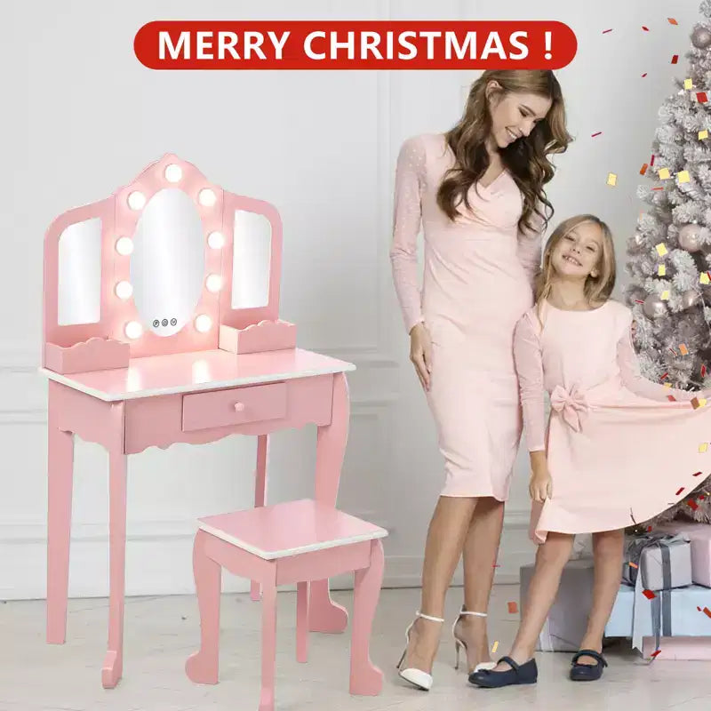 Girls Vanity Table & Stool Set with Lights, 3 Mirrors & Wooden Makeup Playset - Dressing Table for Kids Ages 3-9