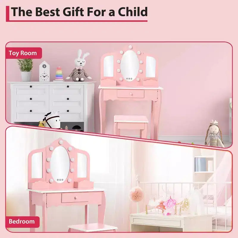 Girls Vanity Table & Stool Set with Lights, 3 Mirrors & Wooden Makeup Playset - Dressing Table for Kids Ages 3-9