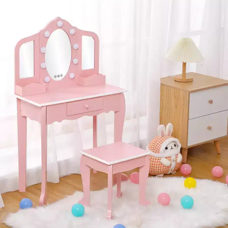 Girls Vanity Table & Stool Set with Lights, 3 Mirrors & Wooden Makeup Playset - Dressing Table for Kids Ages 3-9