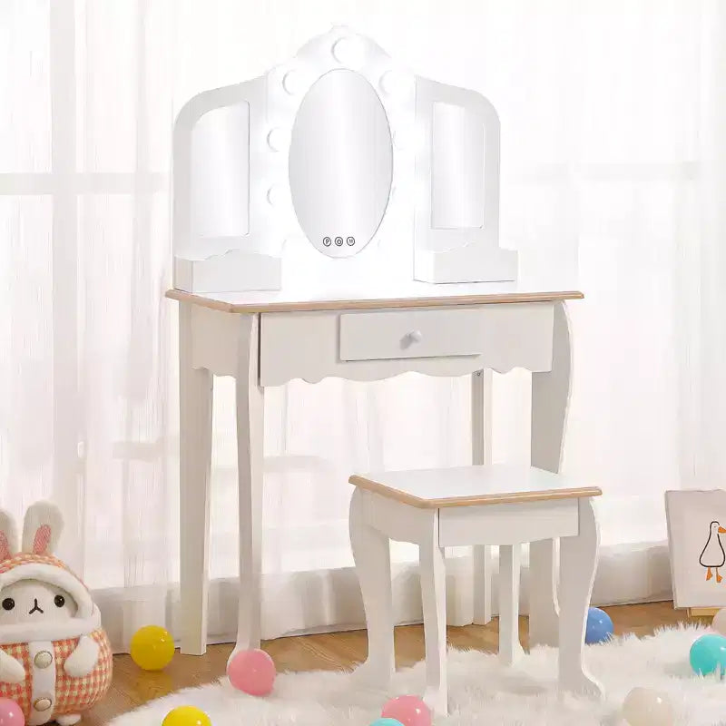 Girls Vanity Table & Stool Set with Lights, 3 Mirrors & Wooden Makeup Playset - Dressing Table for Kids Ages 3-9