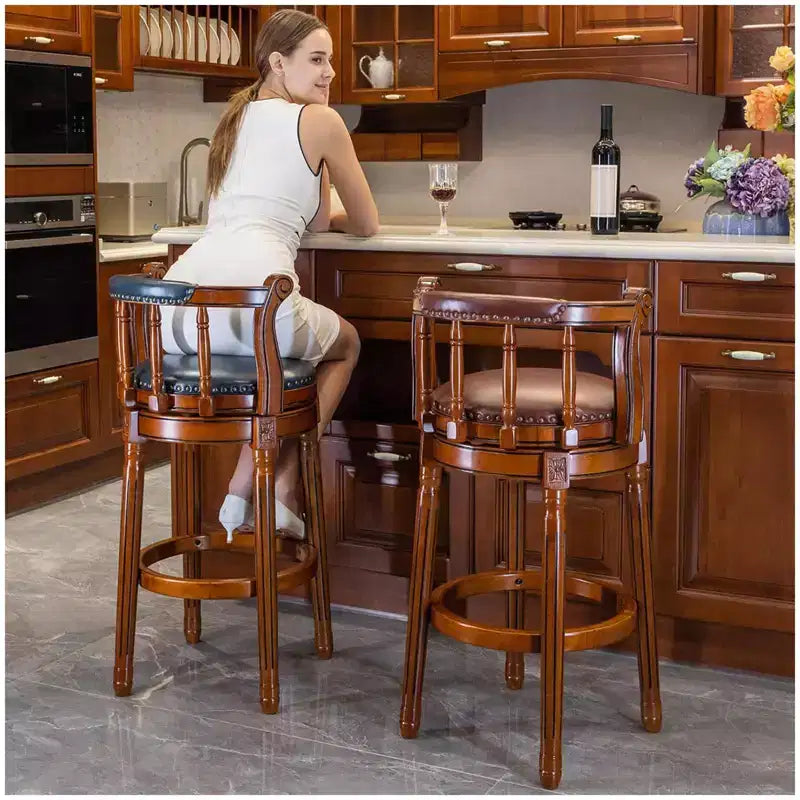 26Height Swivel Bar Stool with Backrest and Cow Top Leather Seat Surface