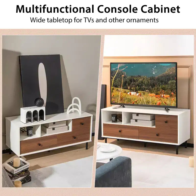 Costway Mid-Century TV Stand Media Entertainment Center Console w/2 Cubbies & 3 Drawers