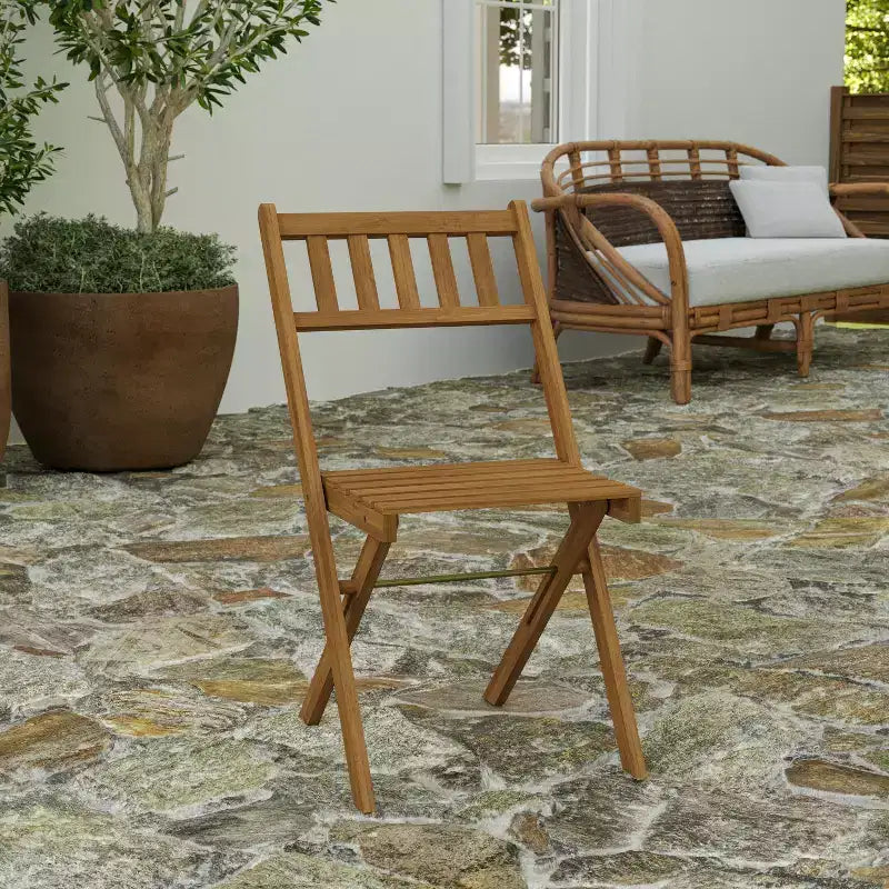 Merrick Lane Set of 2 Solid Acacia Wood Armless Folding Patio Bistro Chairs with Slatted Backs and Seats in Natural Finish